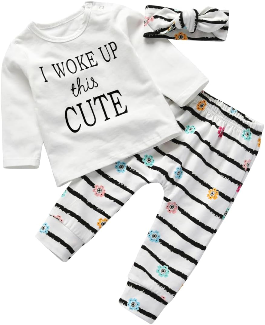 3Pcs Baby Girl Outfits Set Long Sleeve T-Shirt Tops Flowers Pants with Headband