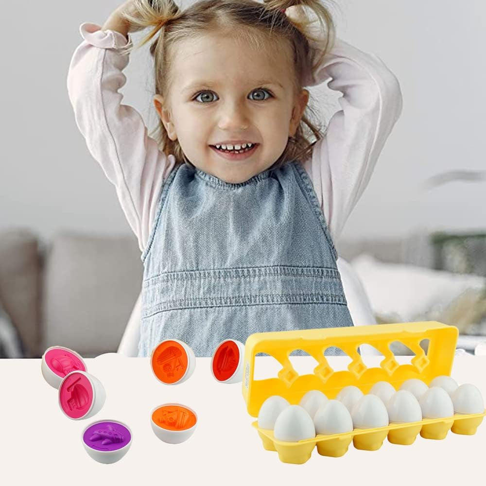 12 Vehicle Car Egg Matching Toy Play Matching Eggs Easter Toy W/Holder - Egg Toys for Toddlers STEM Egg Toys -Colors & Shapes Recognition Gift for Kids -Educational Color Sorting Toy