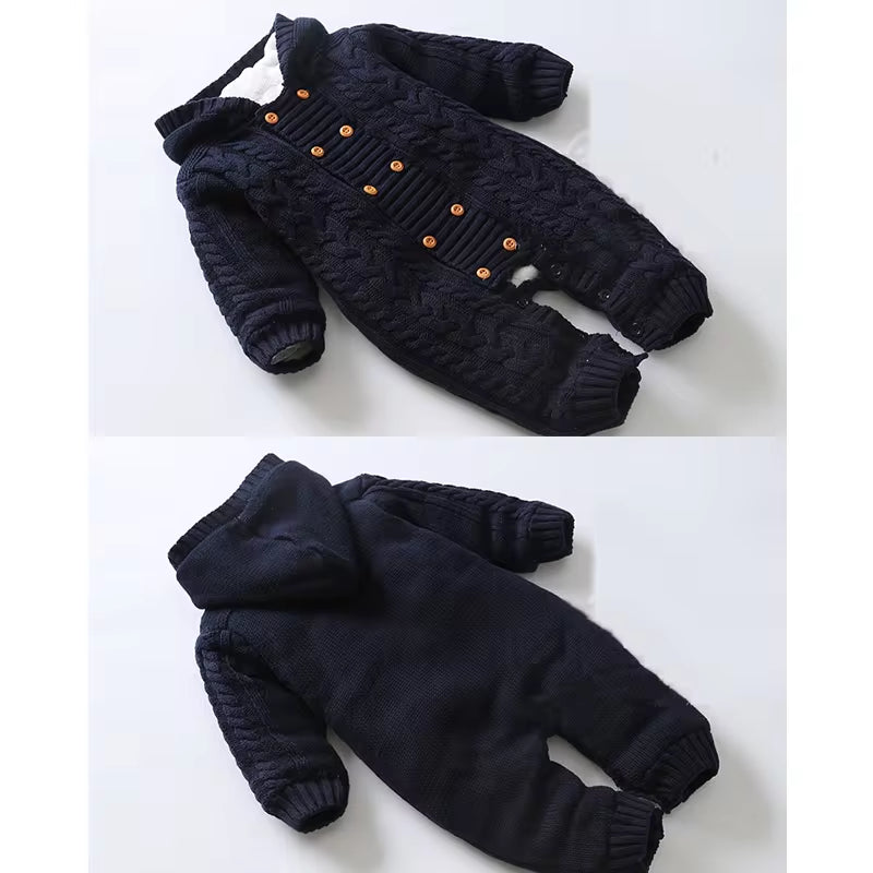 Thick Warm Infant Baby Rompers Winter Clothes Newborn Baby Boy Girl Knitted Sweater Jumpsuit Hooded Kid Toddler Outerwear