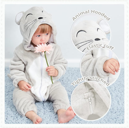 Unisex Baby Animal Costume Winter Autumn Flannel Hooded Romper Cosplay Jumpsuit