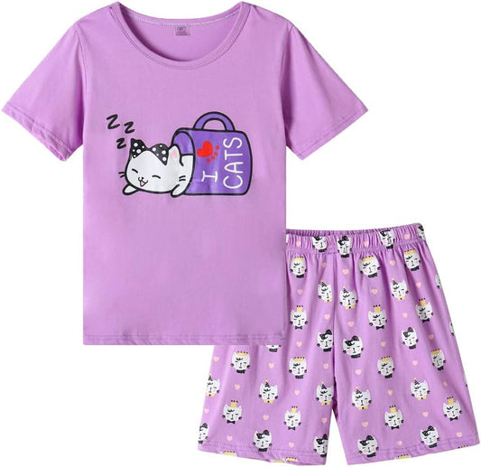 Cotton Sleepwear for Young Girls - Comfy Cat Pattern Pajama Set with Shorts