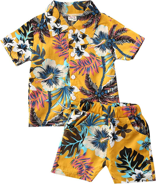 Toddler Boys' Floral Summer Shorts Set with Button-Down Shirt and Bermuda Shorts - 2 Piece Hawaiian Outfit