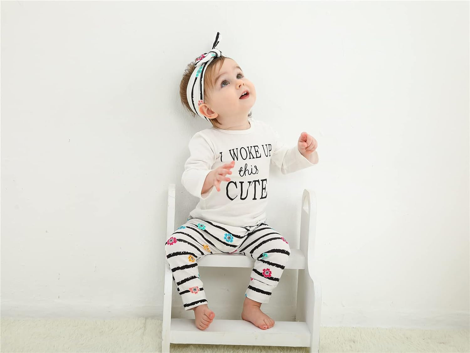 3Pcs Baby Girl Outfits Set Long Sleeve T-Shirt Tops Flowers Pants with Headband