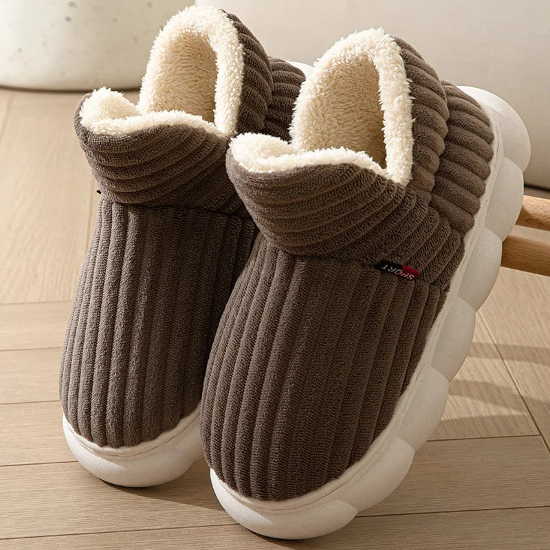 Unisex Plush Winter Slippers - Waterproof High-Top Indoor Fur Slides for Men and Women