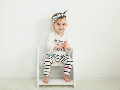 3Pcs Baby Girl Outfits Set Long Sleeve T-Shirt Tops Flowers Pants with Headband