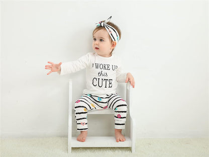 3Pcs Baby Girl Outfits Set Long Sleeve T-Shirt Tops Flowers Pants with Headband